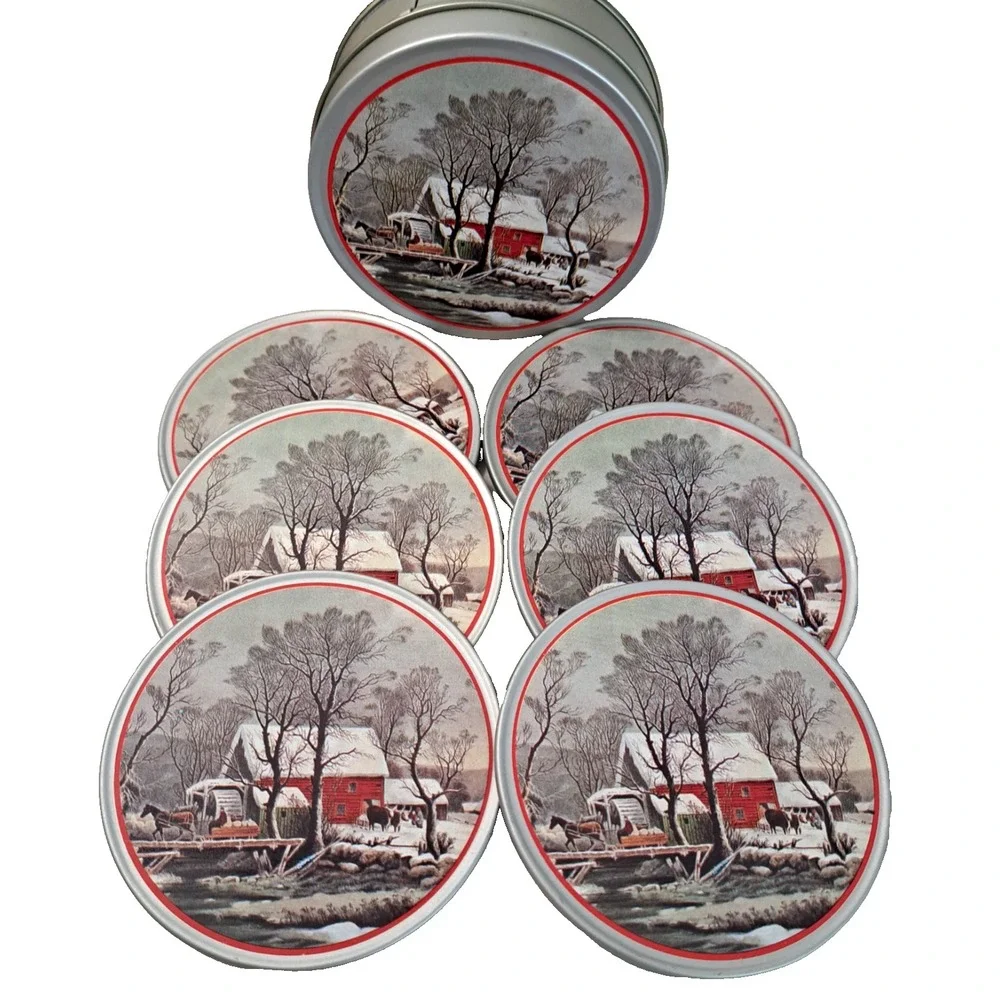 Vtg Currier &‎ Ives Coasters Set of 6 + Tin Container Winter Home Kitchen Decor